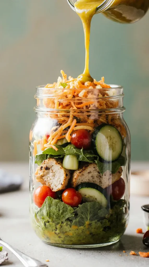 Mason jar layered salad with chickpeas, spinach, cherry tomatoes, and light vinaigrette - healthy lunch recipes for weight loss