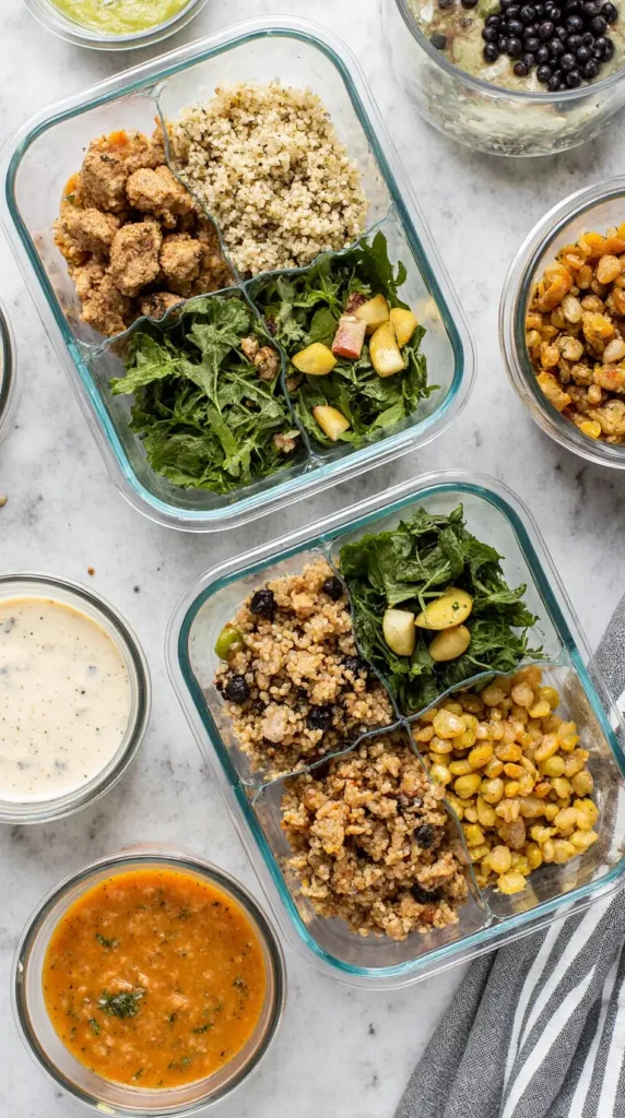 Glass containers filled with prepped Mediterranean meals including quinoa salad, grilled chicken, and lentil soup.