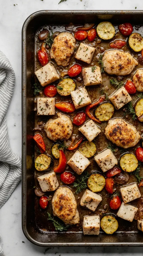 A high-angle photo of a one-pan Greek chicken and vegetable meal with bell peppers, zucchini, and tomatoes on a baking sheet.