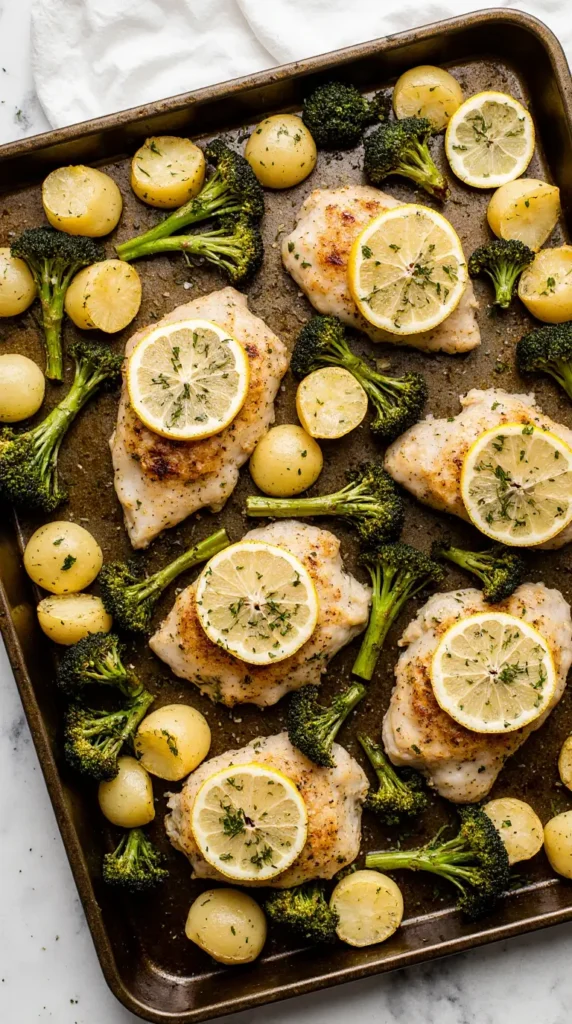 A photorealistic image of a sheet pan with lemon herb roasted chicken thighs, potatoes, and broccoli.