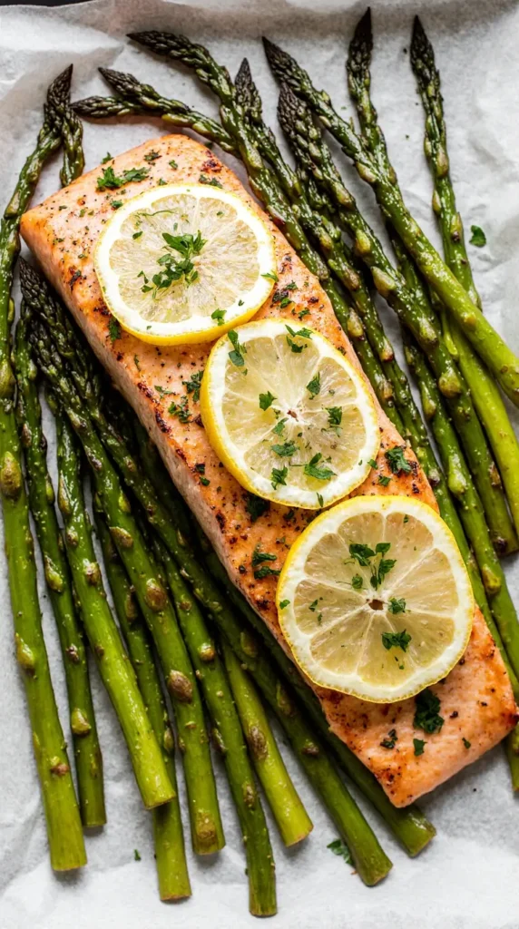  A photorealistic image of a cooked lemon herb salmon fillet with asparagus on a baking sheet, garnished with fresh parsley.