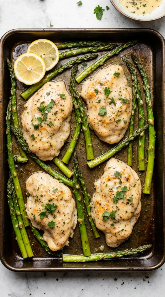 One-pan garlic butter chicken and asparagus on a baking sheet, garnished with parsley.