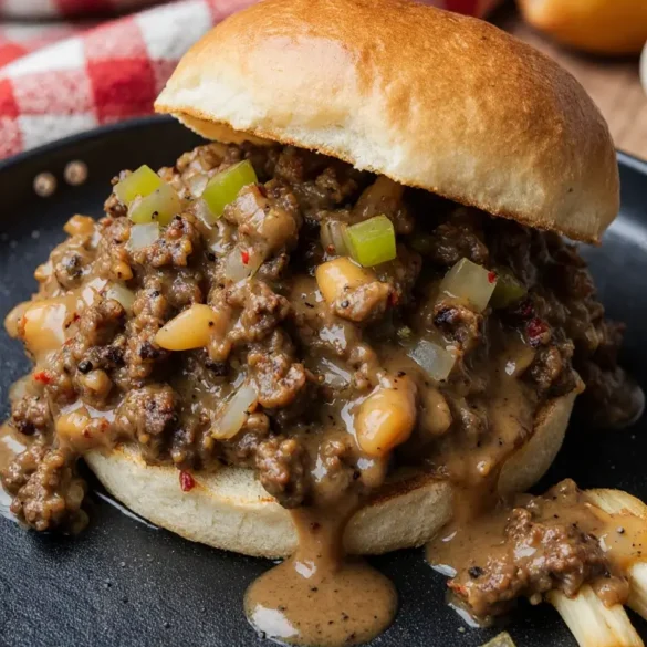 Philly Cheesesteak Sloppy Joes A photorealistic Philly Cheesesteak Sloppy Joe in a hoagie bun, filled with ground meat, caramelized onions, and peppers in a cheesy sauce.