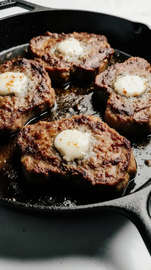 A perfectly cooked butter-fried ribeye steak glistening in a pan, representing a popular carnivore diet recipe.