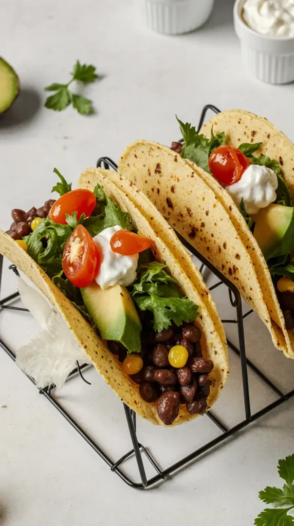 Three photorealistic black bean and corn tacos in a holder, topped with lettuce, tomato, and avocado.
