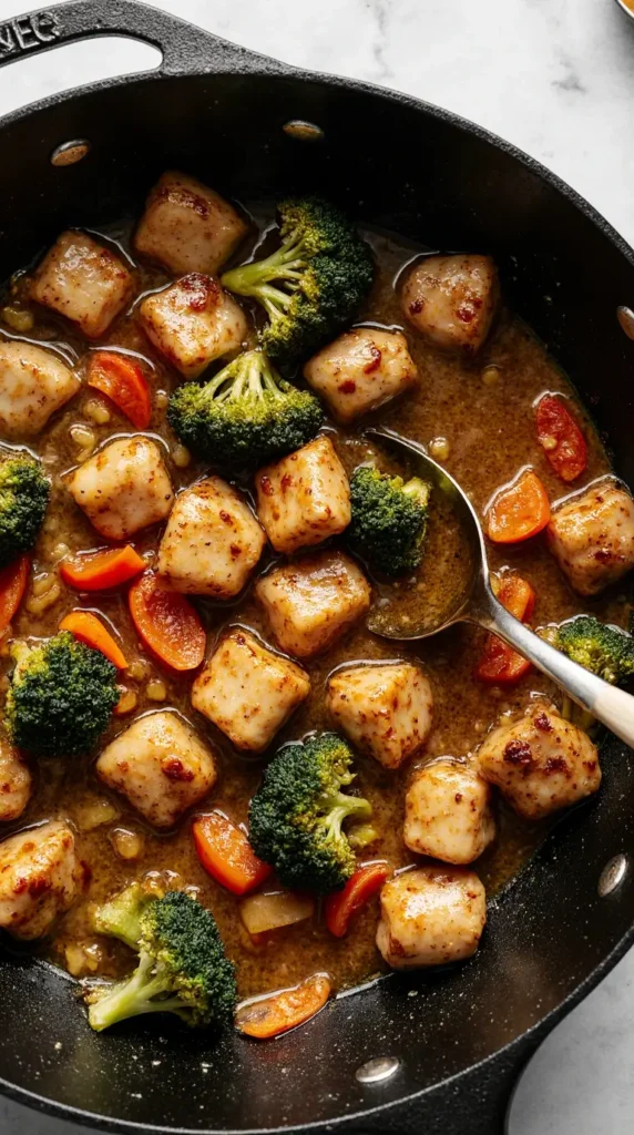 A dynamic photo of a chicken and vegetable stir-fry with broccoli, carrots, and bell peppers being tossed in a wok.