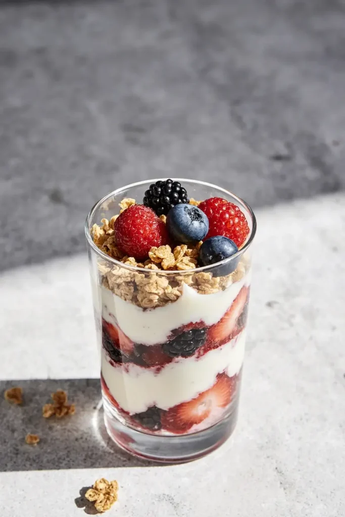  A photorealistic image of a layered berry yogurt parfait in a clear glass, with Greek yogurt, mixed berries, and granola.
