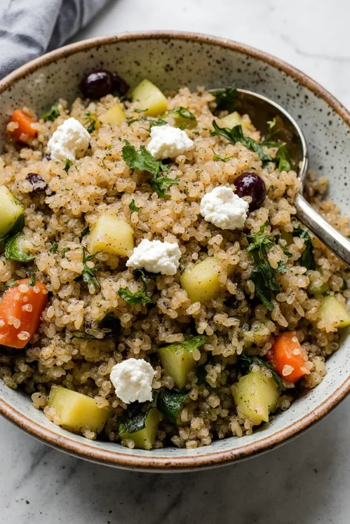  A close-up, photorealistic image of a healthy quinoa salad in a ceramic bowl with fresh vegetables and feta cheese.
