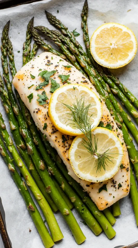  A close-up, top-down photo of a flaky lemon herb baked cod fillet with tender asparagus on a baking sheet.