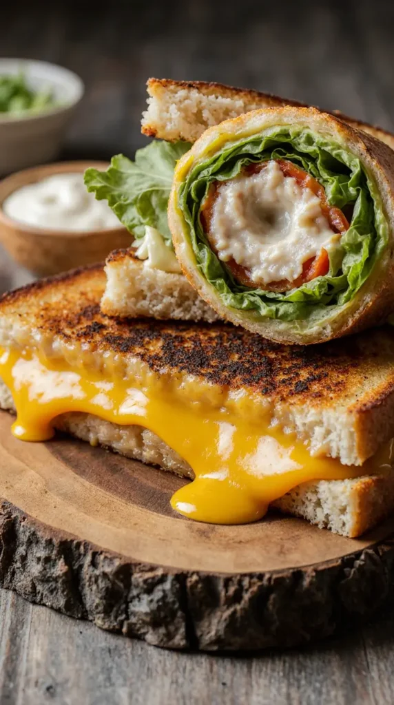 A photorealistic display of a grilled cheese sandwich, a chicken caesar wrap, and a vegetable panini.