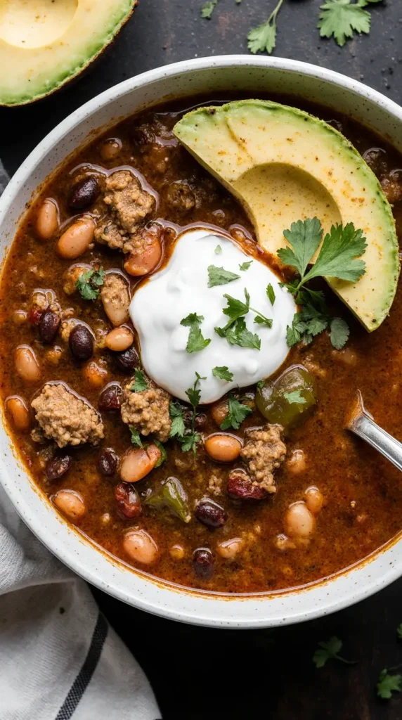 A close-up shot of a comforting bowl of turkey and black bean chili, topped with Greek yogurt, avocado, and cilantro.