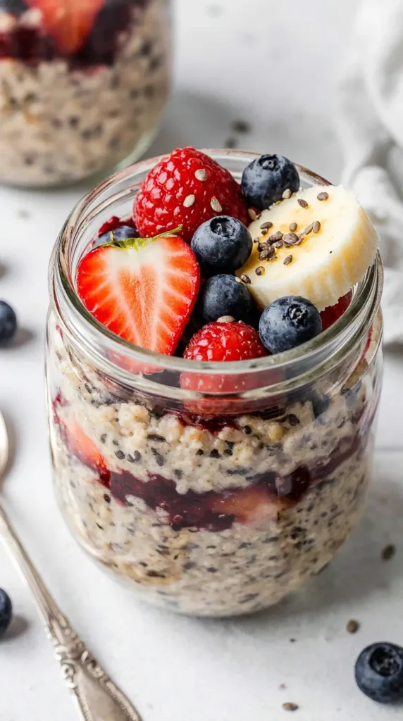  A close-up, photorealistic image of overnight oats in a glass jar, layered with fruit and chia seeds.