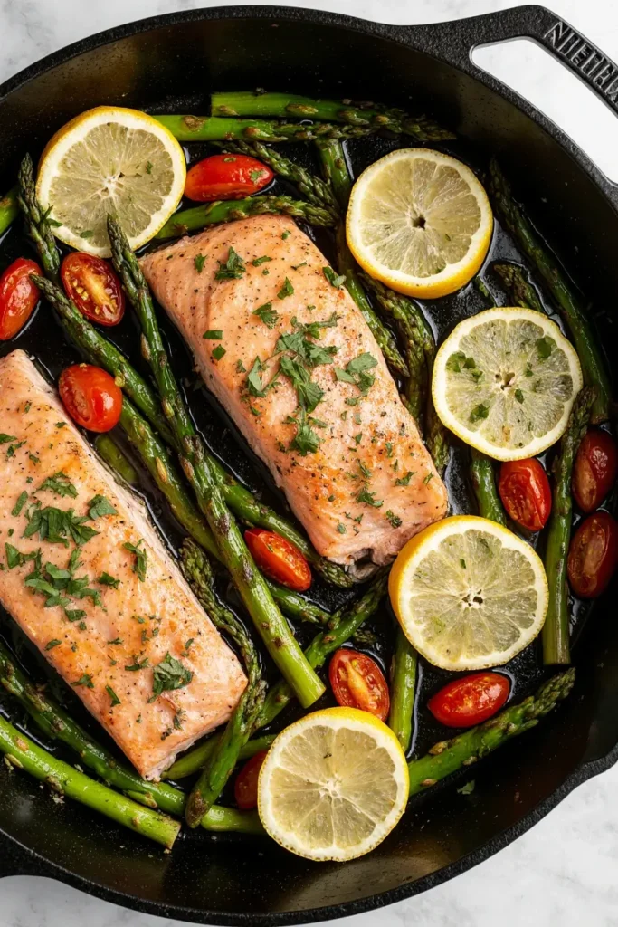 A top-down view of a delicious one-pan salmon meal with roasted lemon, herbs, asparagus, and tomatoes.