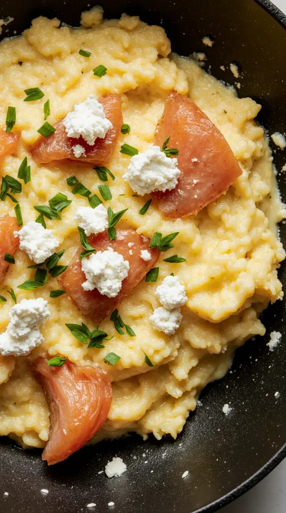 A close-up dish of creamy scrambled eggs mixed with smoked salmon and topped with goat cheese and chives.