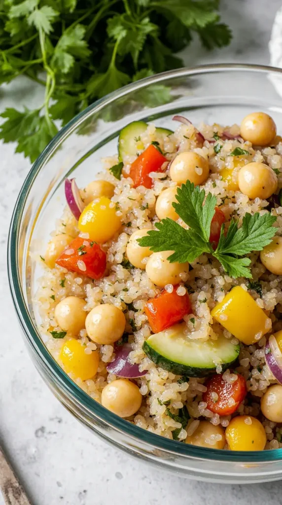 A professional, vertical photograph of a colorful quinoa salad with chickpeas and bell peppers in a clear glass bowl.