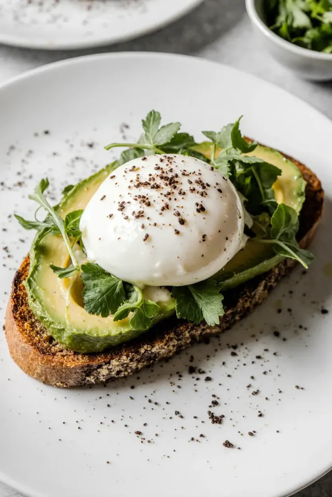 A professional close-up photograph of avocado toast on whole-grain bread, topped with a perfect poached egg.