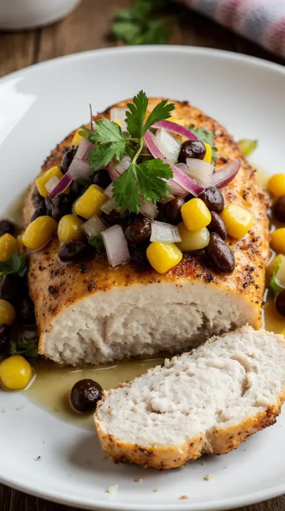 A photorealistic shot of a baked chicken breast topped with a colorful black bean and corn salsa on a ceramic plate.