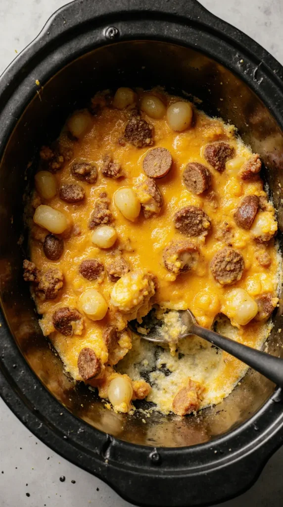 Crockpot filled with egg, sausage, and veggie mixture on a rustic table – breakfast crockpot recipes