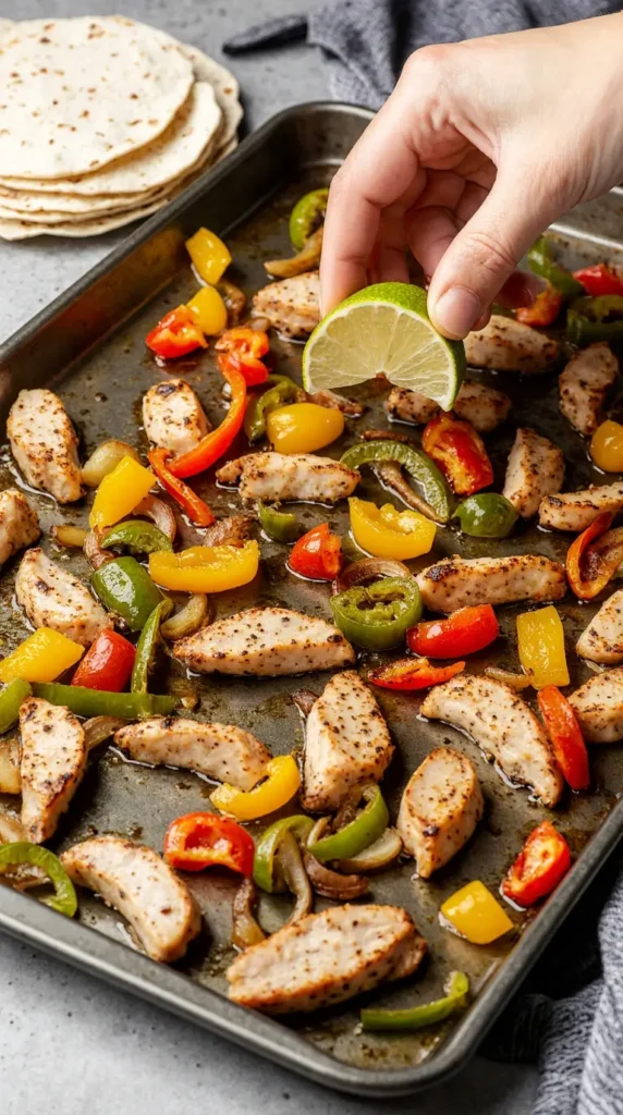 A vertical shot of sizzling sheet-pan chicken fajitas with colorful bell peppers, with a hand squeezing fresh lime juice over them.