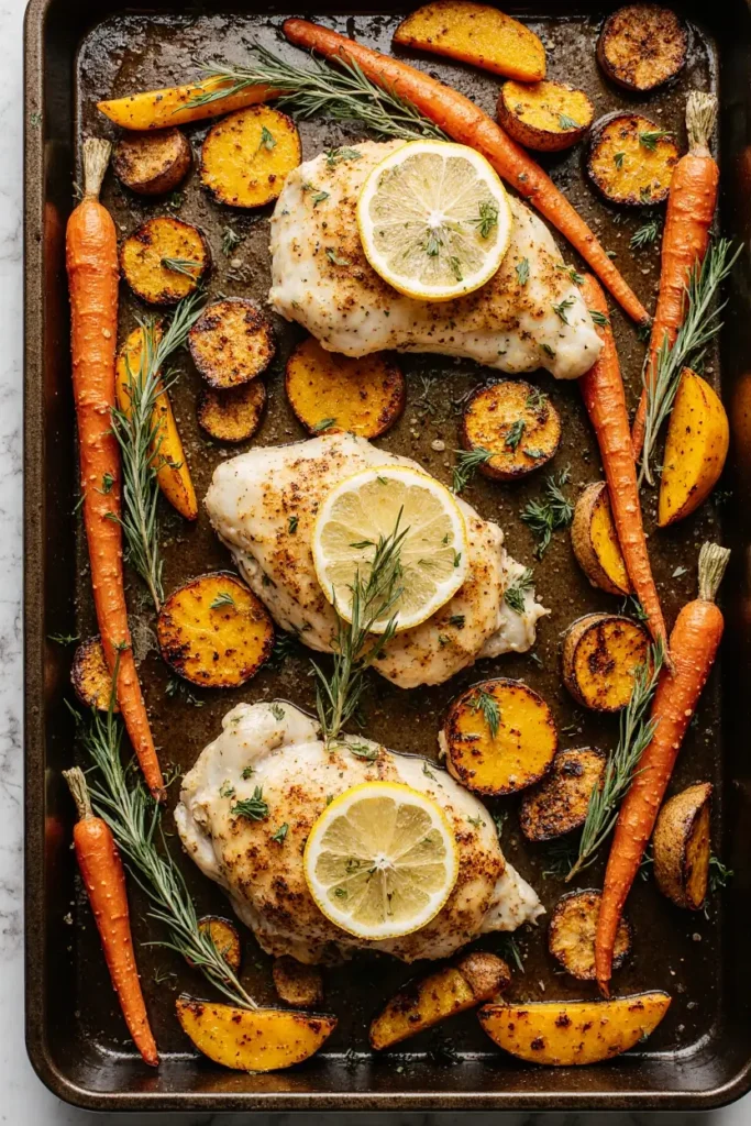 A top-down view of a sheet pan with lemon herb chicken and roasted root vegetables, fresh out of the oven.