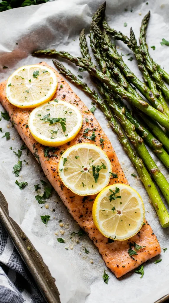 A photorealistic image of a cooked lemon herb salmon fillet on a sheet pan next to roasted asparagus spears.