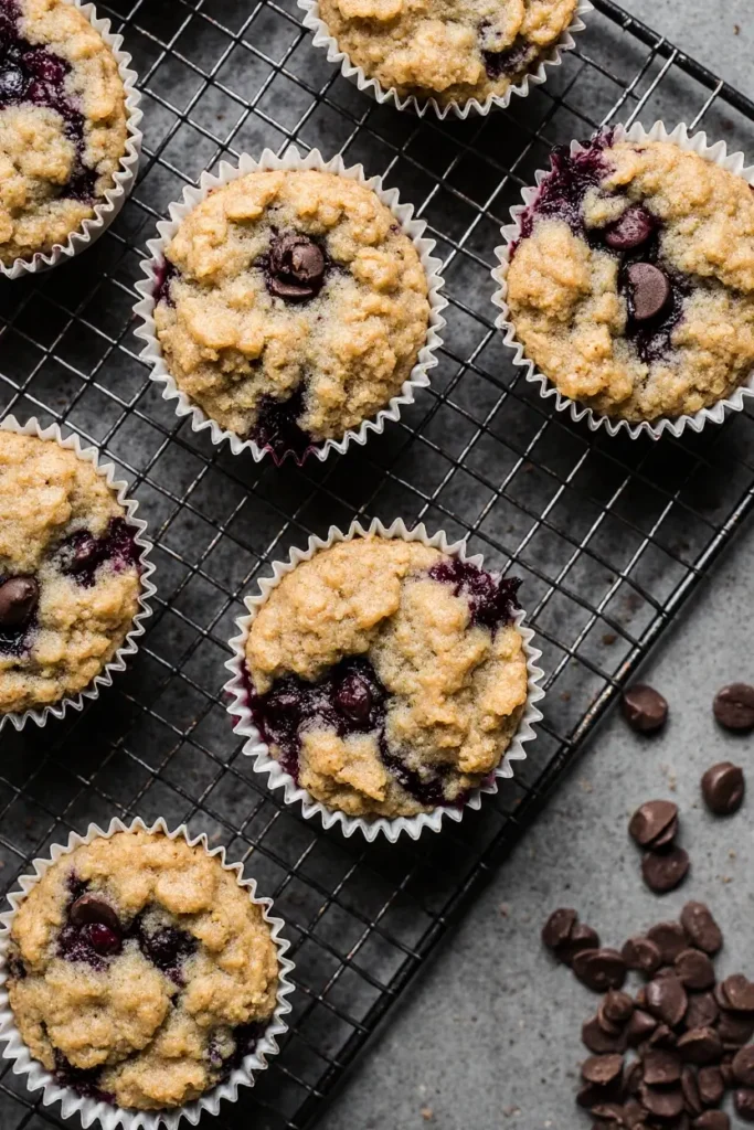 Freshly baked make-ahead oatmeal cups with blueberries and chocolate chips cooling on a wire rack.