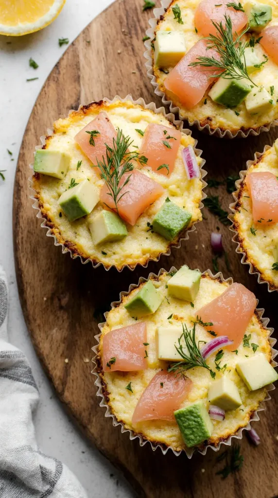 anti-inflammatory high protein breakfast recipes Golden-brown smoked salmon and avocado egg muffins arranged on a wooden board, garnished with fresh dill.