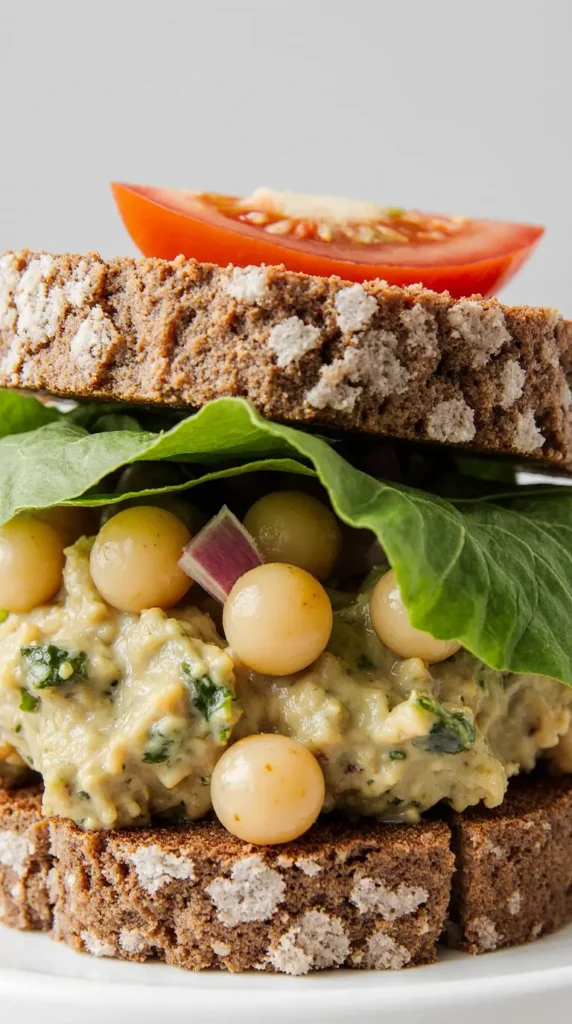 A close-up of a thick avocado and chickpea salad sandwich on whole wheat bread, with lettuce, tomato, and visible chunks of red onion and celery in the filling.