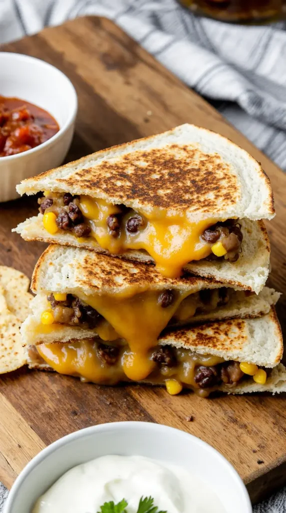 Golden-brown black bean and corn quesadillas sliced into wedges, with melted cheese oozing out and bowls of salsa and sour cream nearby.