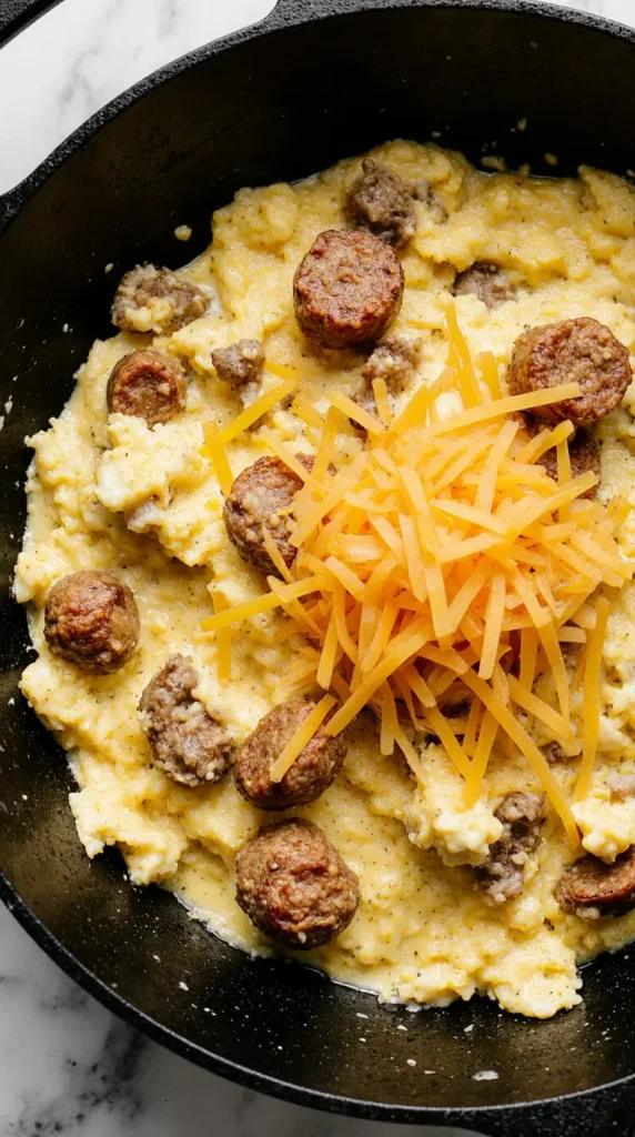 A quick keto breakfast scramble with eggs, sausage, and melted cheddar cheese in a skillet.