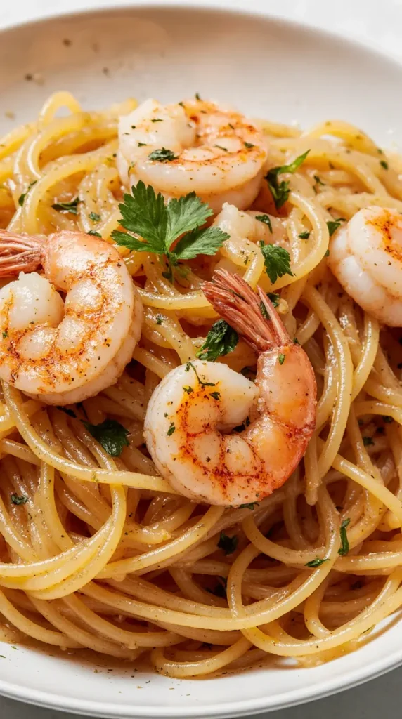 An elegant dish of shrimp scampi served with spaghetti squash, garnished with fresh parsley.