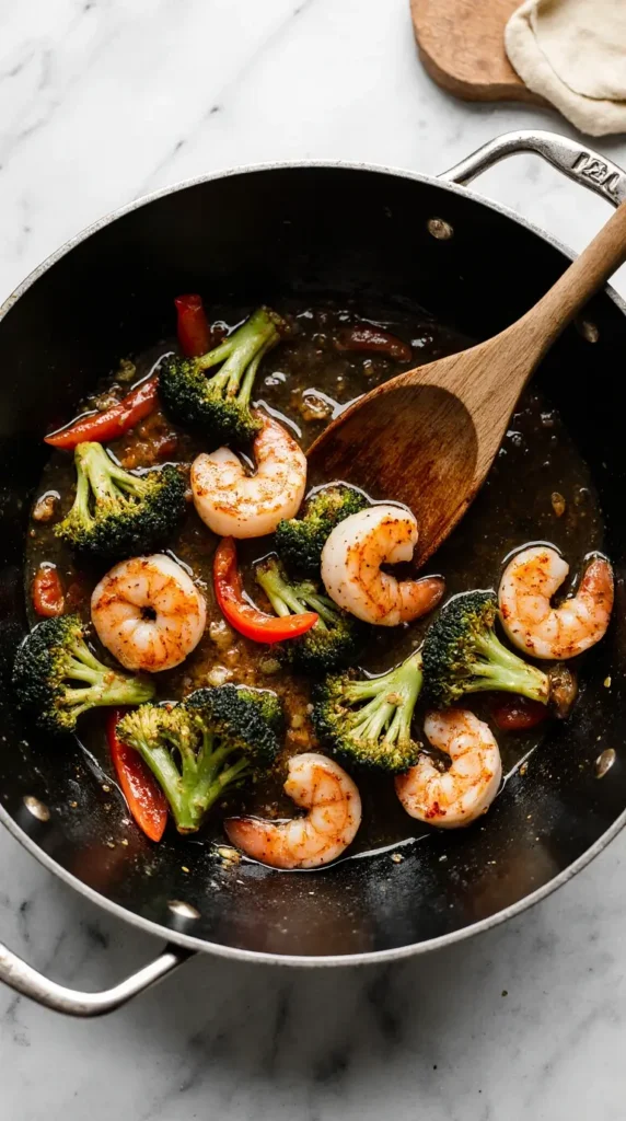  A spicy shrimp and broccoli stir-fry being tossed in a wok with red bell peppers and a savory sauce.