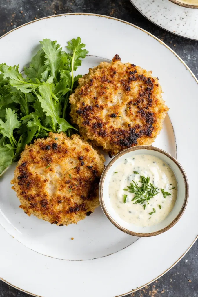Two crispy, golden-brown spicy tuna cakes served on a plate with a side of lemon-dill aioli and a light green salad.