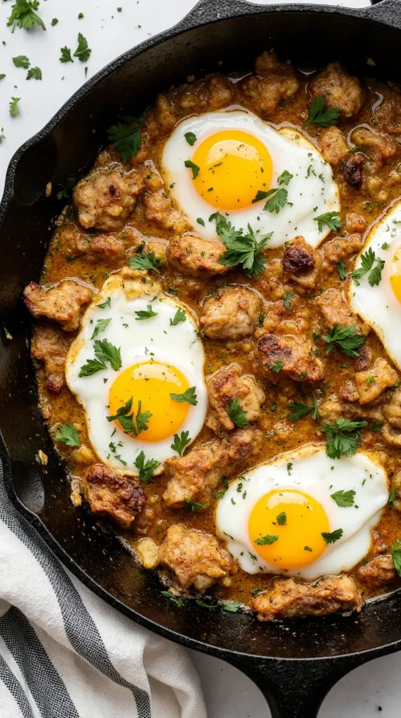 An action shot of an egg being cracked into a cast-iron skillet with cooked chicken and onions.