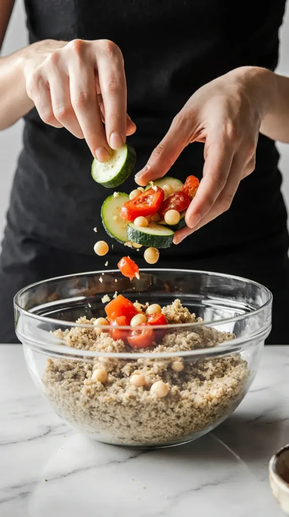  Hands tossing freshly chopped vegetables and quinoa in a large mixing bowl.