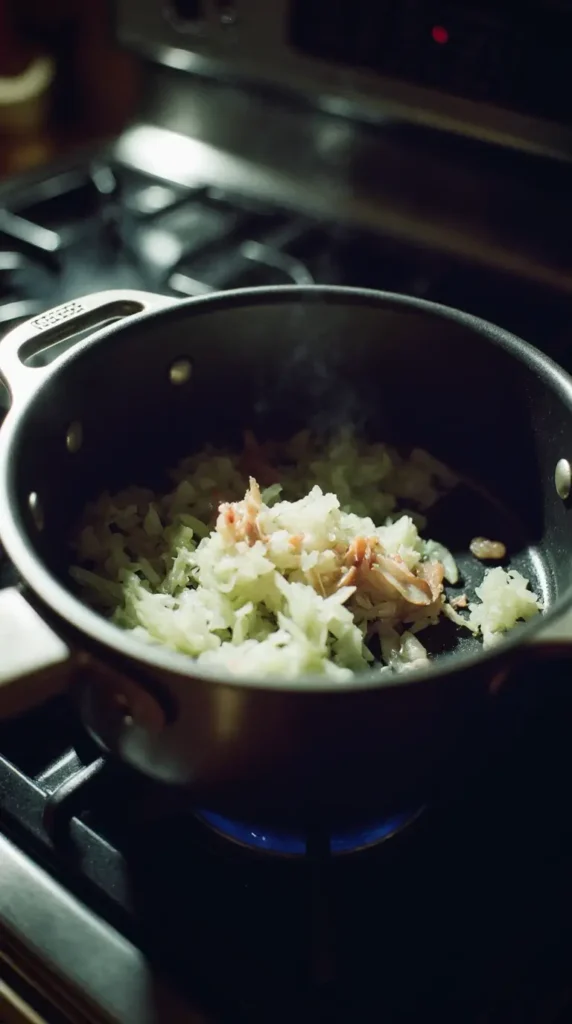  Sautéing chopped onions and garlic in a large pot, the first step in preparing the cabbage soup recipe.