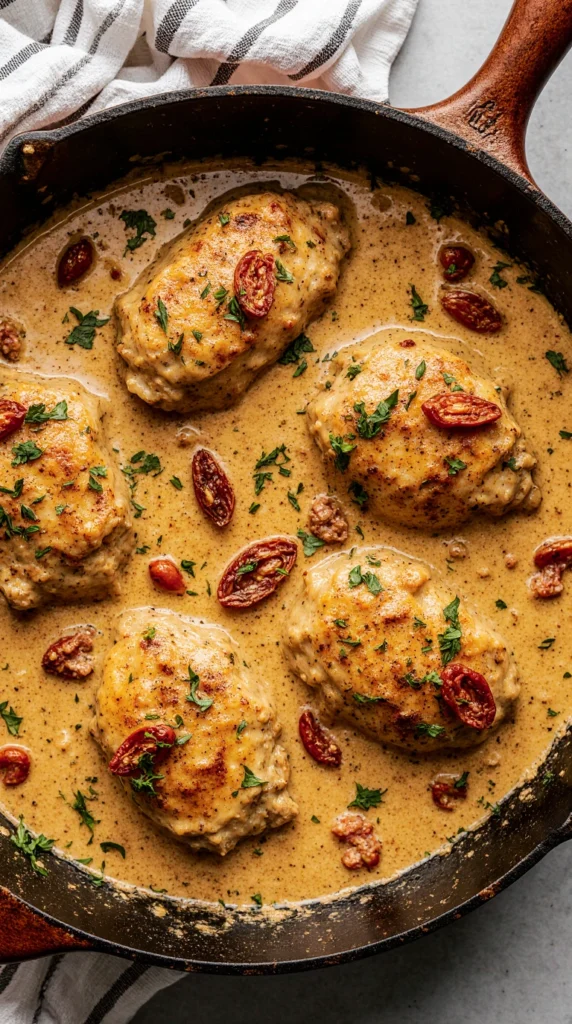 Crispy baked chicken thighs in a cast iron skillet with garlic and herbs – chicken recipes for dinner.
