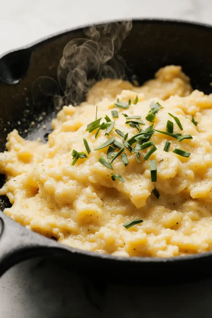 A close-up photorealistic shot of creamy, fluffy scrambled eggs garnished with chives in a black non-stick skillet.