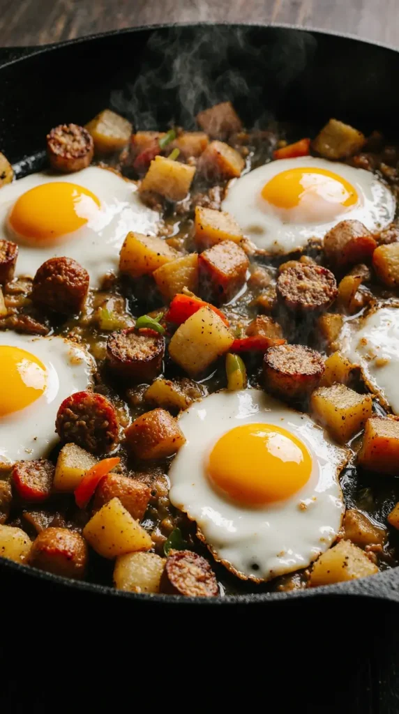 A close-up of a breakfast hash on a griddle with sausage, potatoes, peppers, and six eggs cooking in wells, topped with melting cheese.
