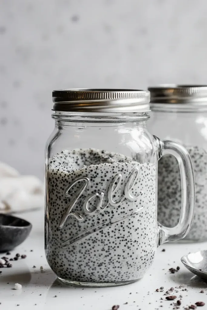 A simple overnight chia pudding in a mason jar with a lid, ready to be chilled in the refrigerator, showcasing an easy diet recipe.