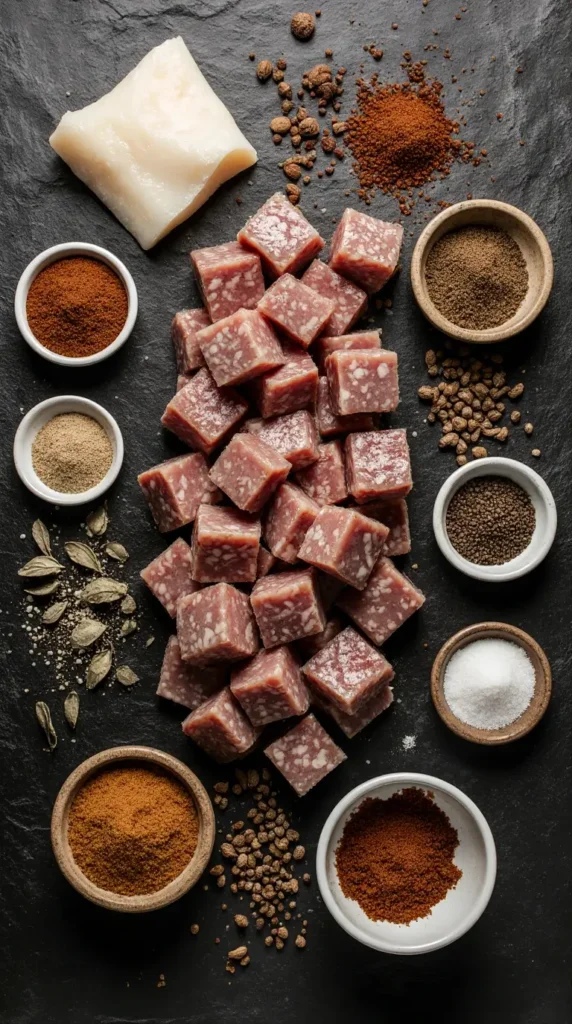  The essential ingredients for venison breakfast sausage, including cubed venison, pork fat, and a blend of spices in bowls.