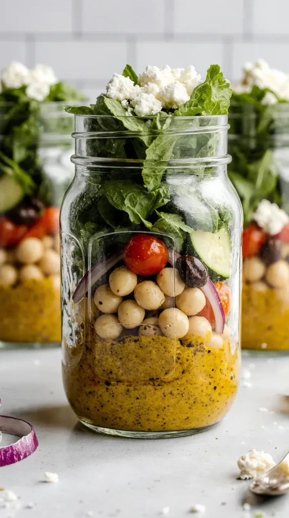  Three mason jars layered with Greek salad ingredients, including dressing, chickpeas, cucumbers, tomatoes, olives, feta, and lettuce, on a kitchen counter.