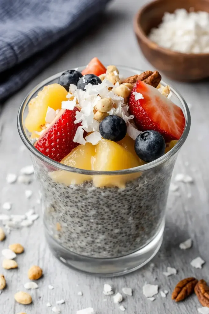  A close-up of a finished chia pudding customized with a variety of delicious toppings including fresh fruit, nuts, and coconut flakes.