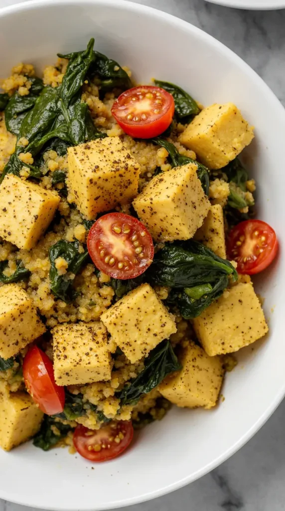 A close-up of a vibrant turmeric tofu scramble with fresh spinach and cherry tomatoes in a white bowl.