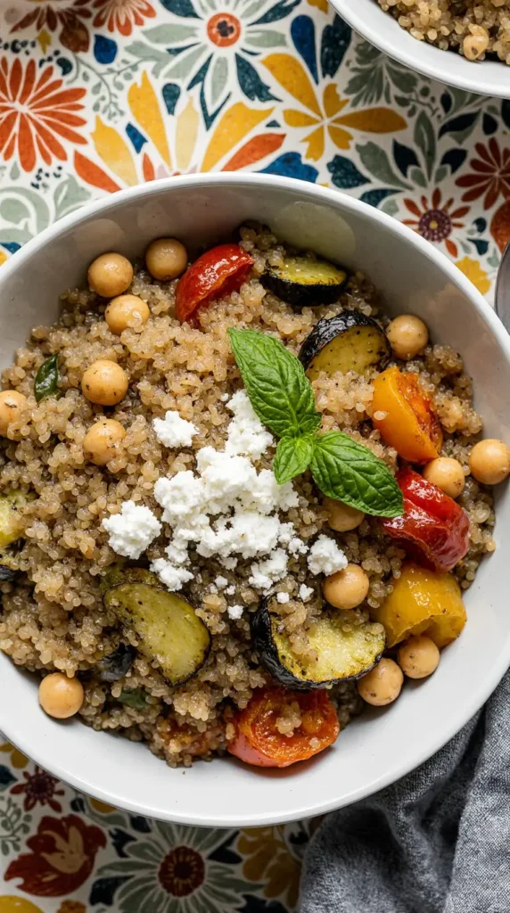 Close-up of healthy mediterranean diet dinner recipes including lemon herb chicken, tabbouleh, and fresh vegetables