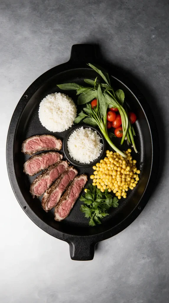 Photorealistic image of raw, thinly sliced beef, rice, and fresh vegetables on a hot iron plate, ready to be cooked.