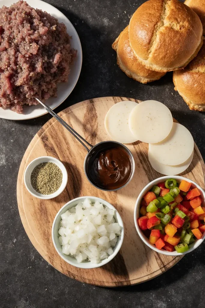 A close-up photorealistic image of juicy beef, caramelized onions, and bell peppers sizzling in a skillet for a Philly Cheesesteak Sloppy Joe.