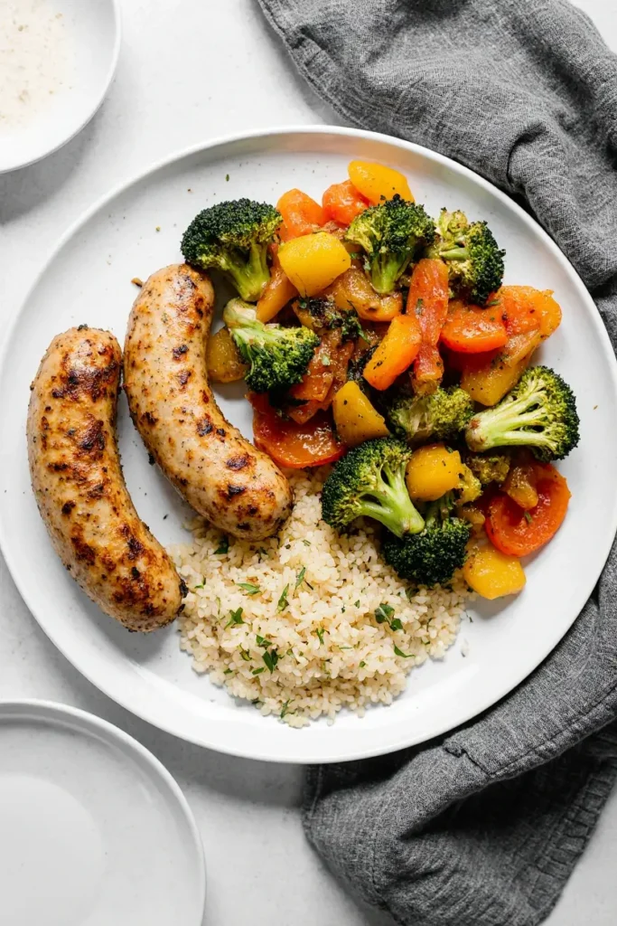 A healthy dinner plate with air-fried chicken sausage, a colorful mix of roasted bell peppers and broccoli, and a side of quinoa.