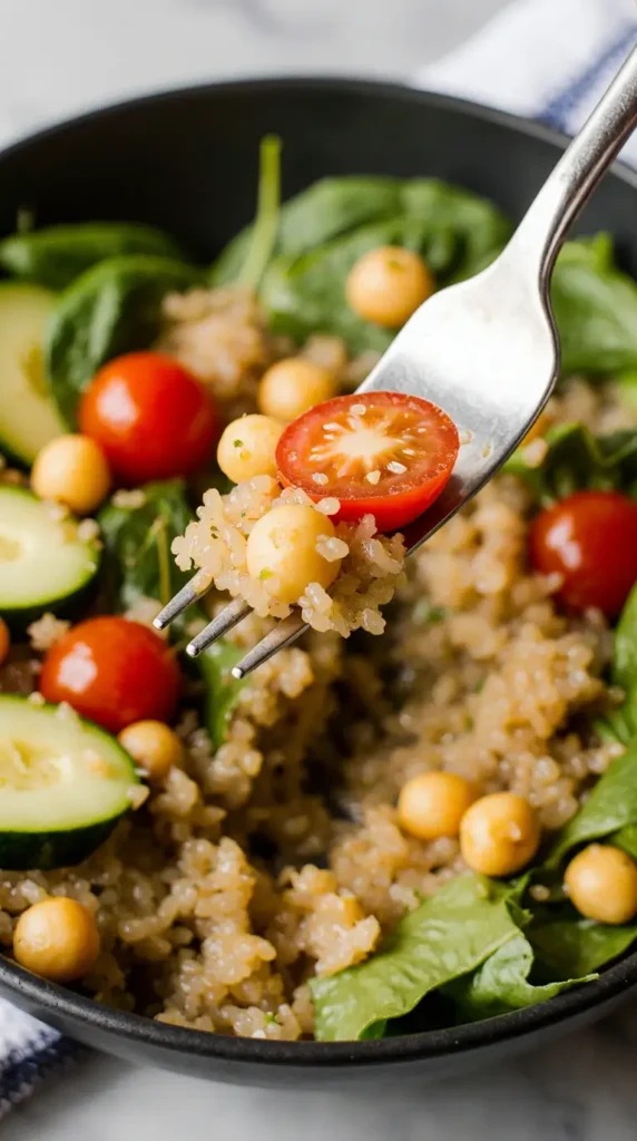 a lunch recipe A close-up macro shot of a forkful of Mediterranean quinoa salad, showing its fresh textures.