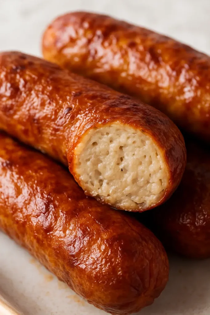 A close-up, photorealistic shot of a sliced air-fried chicken sausage, revealing a juicy interior and a crispy golden-brown skin.